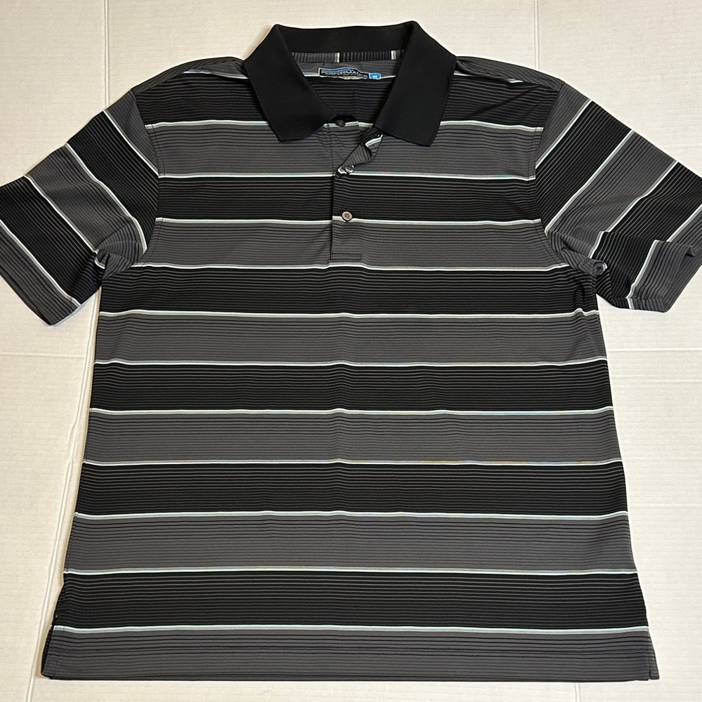 Roundtree &York Sz Medium Black with  Gray/Lt Blue  Striped Polo 100% polyester